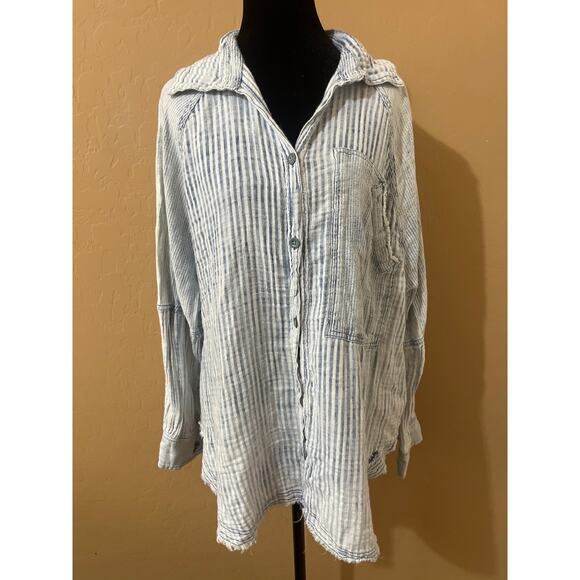 Free People We The Free Indigo Skies Striped Oversized Distressed Langenlook Top - Picture 1 of 5